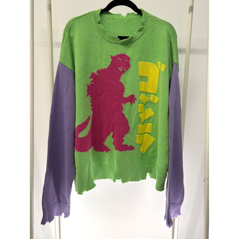 Teddy Fresh Godzilla Distressed Colorblock Knit Sweater Green Purple XL
